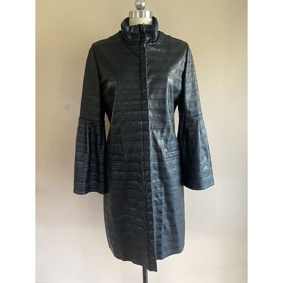 ESCADA Black Coat Size 6, Coated Wool Shiny Trumpet Sleeve Fall Winter Jacket 36 - Picture 10 of 12